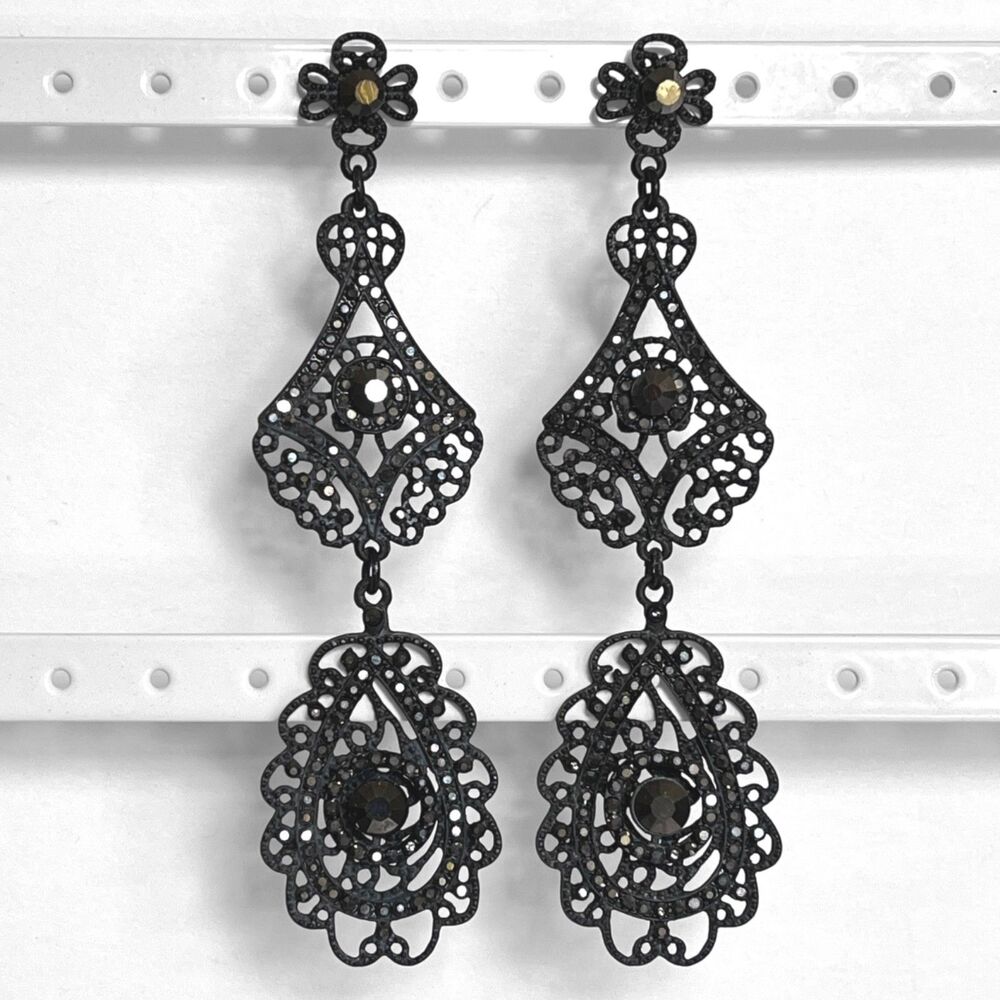 Vintage Dangle Statement Earrings Black Long Metal Filigree Rhinestone Heavy